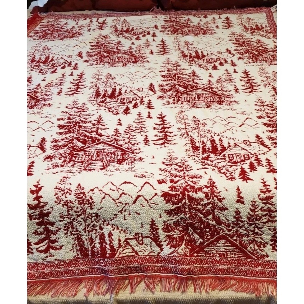 Brooks‎ Brothers Red Chenille Christmas Trees Houses Throw Blanket Fringe 50x70